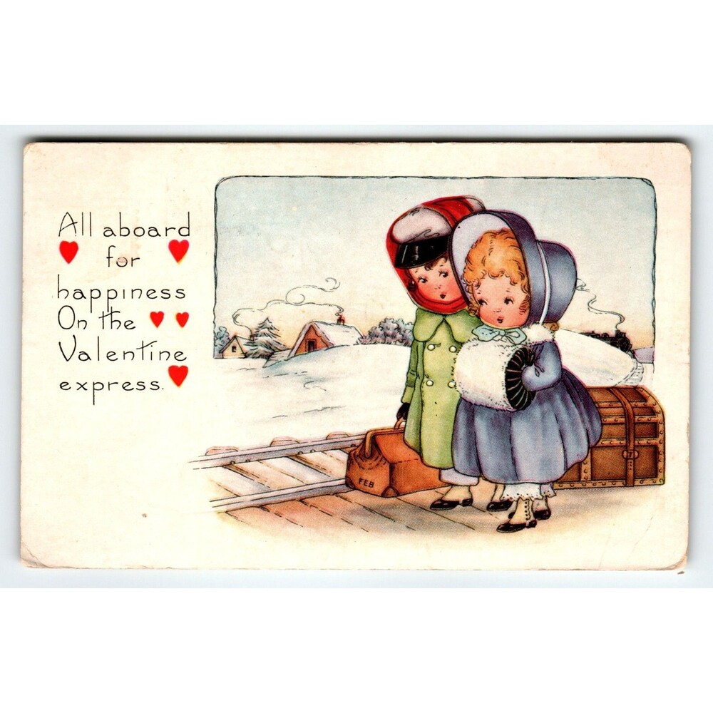Valentine Postcard Whitney Children Girl Muff Hand Warmer All Aboard Train Track